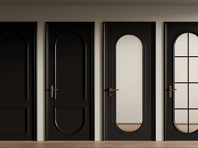 Four Black Hinged Doors With Various Designs Glass Panels And Golden Handles 3d model