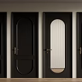 Four Black Hinged Doors With Various Designs Glass Panels And Golden Handles