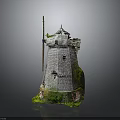 Ancient Stone Windmill Model With Damaged Tower And Surrounding Green Plants