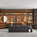Modern Walk In Closet Interior With Hanging Clothes Storage Boxes Round Mirror And Shoe Storage