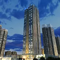 Modern High Rise Buildings Scenery At Dusk With Illuminated Lights And Cloudy Sky