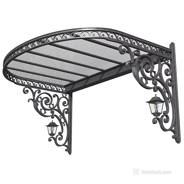 Curved Black Metal Awning Design With Decorative Scrollwork Transparent Roof And Side Lanterns 3d model 