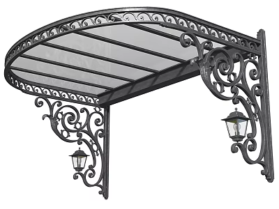 Curved Black Metal Awning Design With Decorative Scrollwork Transparent Roof And Side Lanterns 3d model