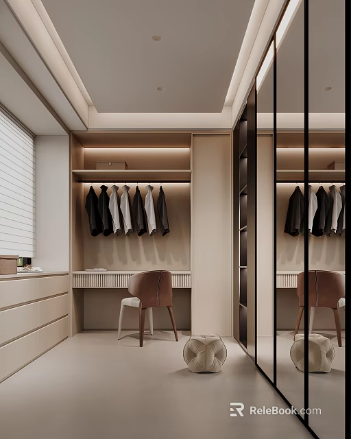 Modern Walk In Closet With Hanging Clothes And Vanity Chair 3d model 