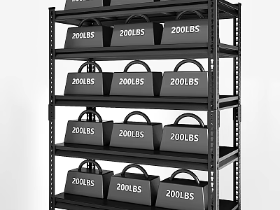 Heavy Duty Black Storage Shelf with Multiple Stacked Bins Labeled 200LBS 3d model