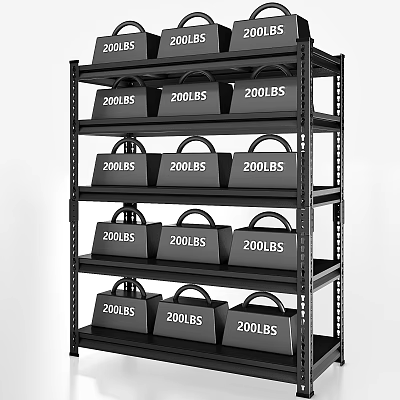 Heavy Duty Black Storage Shelf with Multiple Stacked Bins Labeled 200LBS 3d model