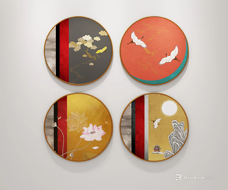 Traditional Round Framed Paintings Featuring Crane Lotus Moon Floral Designs in Red Gold Orange Gray 3d model 