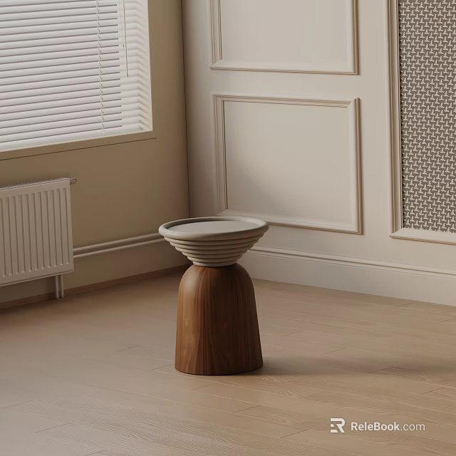 Wooden Base Side Table With White Bowl Shaped Top In Indoor Light Colored Walls Scene 3d model 