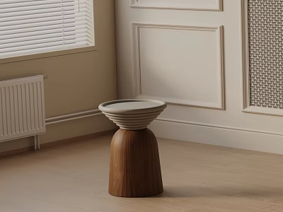 Wooden Base Side Table With White Bowl Shaped Top In Indoor Light Colored Walls Scene 3d model