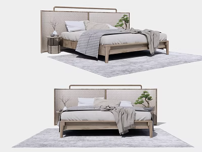 Modern Double Bed Interior With Woven Headboard Wooden Frame Pillows Blanket And Nightstand On Rug 3d model