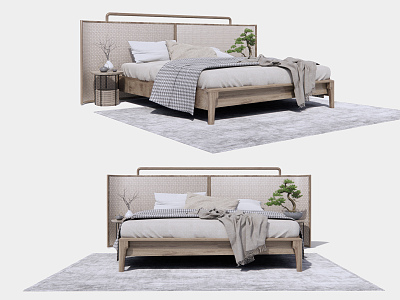 New Chinese Background Double Bed Zen Double Bed Rattan Double Bed model