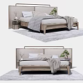 Modern Double Bed Interior With Woven Headboard Wooden Frame Pillows Blanket And Nightstand On Rug