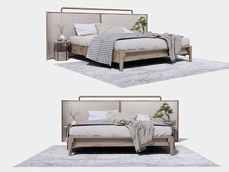 New Chinese Background Double Bed Zen Double Bed Rattan Double Bed 3d model