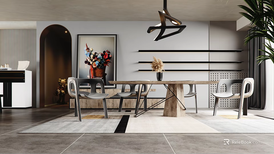 Modern Dining Table Set with Gray Chairs Pendant Light and Floral Wall Art 3d model 