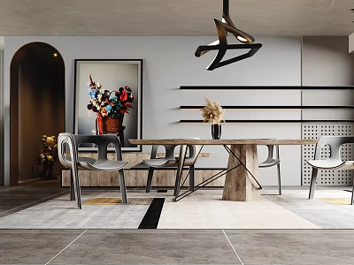 Modern Dining Table Set with Gray Chairs Pendant Light and Floral Wall Art 3d model