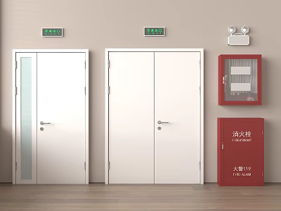 Fire Safety Equipment Including Fire Doors Emergency Exit Signs Hydrant Cabinet and Fire Detectors 3d model