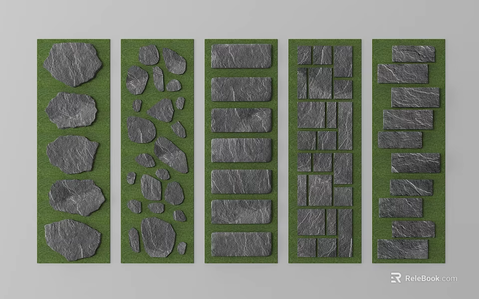 Various Stepping Stone Designs With Natural Stone Slabs On Green Grass 3d model 