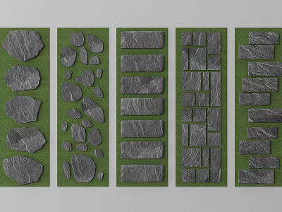 Various Stepping Stone Designs With Natural Stone Slabs On Green Grass 3d model