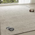 Light Gray Square Rug With Grid Pattern Fringe In Bright Room With Window And Small Round Stool 3d model