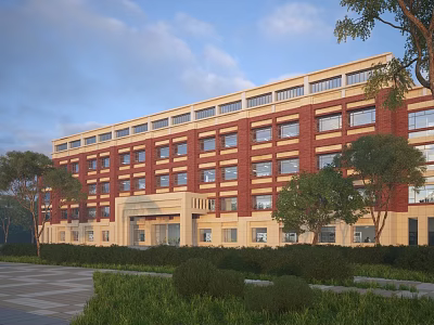 Modern Office Building With Red Brick And Beige Facade Surrounded By Trees And Lawn 3d model