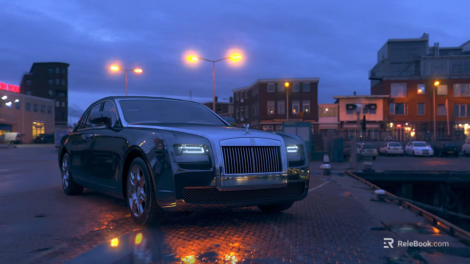 Luxury Rolls Royce Sedan Parked On Brick Pavement With Evening City Streetlights And Water Reflections 3d model 