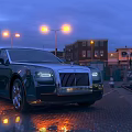 Luxury Rolls Royce Sedan Parked On Brick Pavement With Evening City Streetlights And Water Reflections