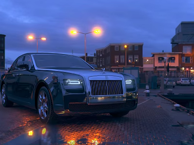 Luxury Rolls Royce Sedan Parked On Brick Pavement With Evening City Streetlights And Water Reflections 3d model