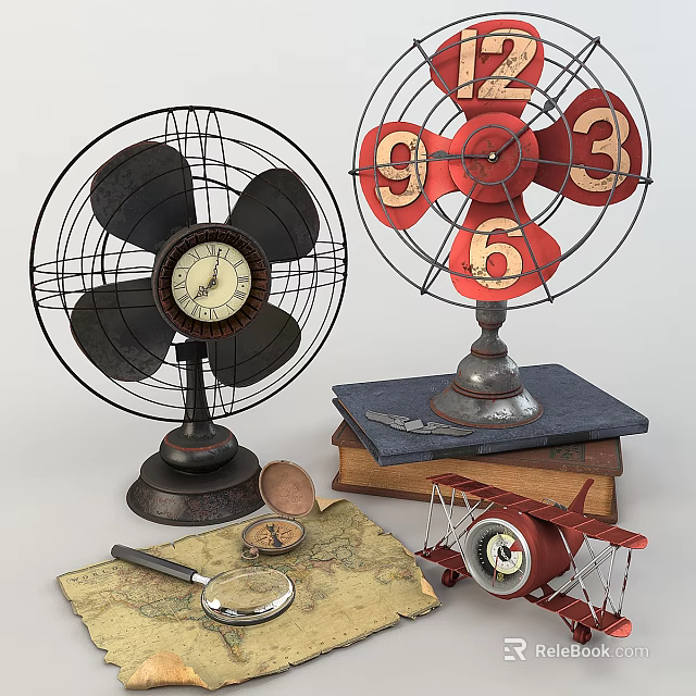 Retro Air Conditioning Fan With Vintage Clock Decor And Metal Frame Design 3d model 