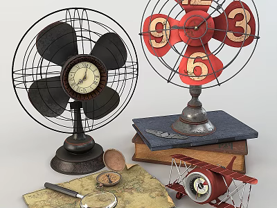 Retro Air Conditioning Fan With Vintage Clock Decor And Metal Frame Design 3d model