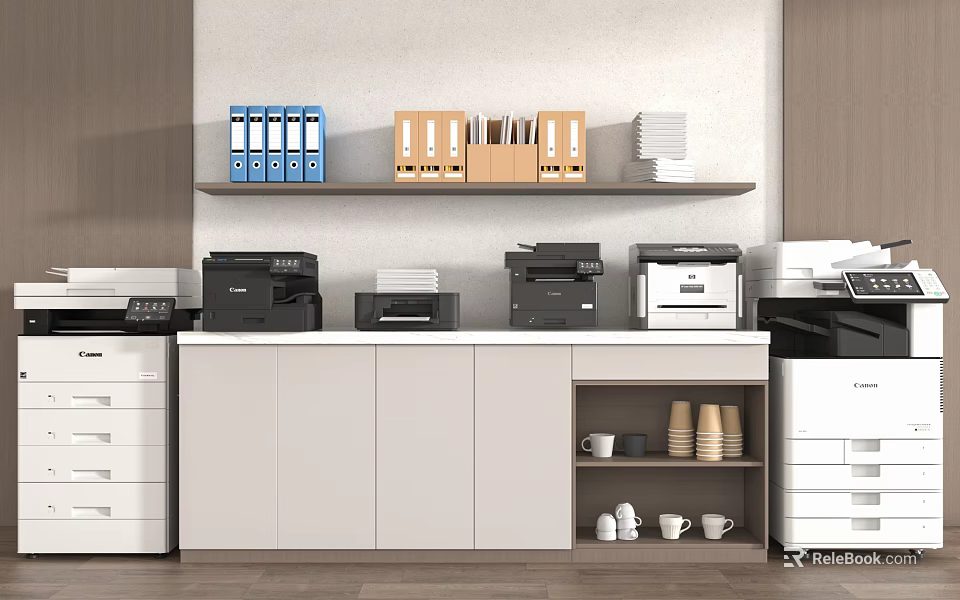 Office Appliances Multiple Printers in Modern Office with Filing Folders on Shelf and Countertop 3d model 
