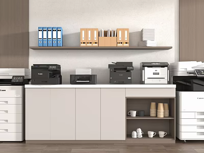 Office Appliances Multiple Printers in Modern Office with Filing Folders on Shelf and Countertop 3d model