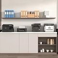 Office Appliances Multiple Printers in Modern Office with Filing Folders on Shelf and Countertop