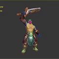 Shirtless Man in Silver Armor Pants Holding Ornate Sword with Raised Arm