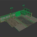 Industrial Loading Platform Structure with Orange Fence Lamp Posts Cargo Boxes and Green Vehicle