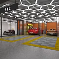 Modern Sports Car Dealership Showroom With Hexagonal Ceiling Lighting Yellow Gray Floor And Displayed Vehicles