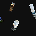 Transparent Prisms With Scenic Patterns On Black Background And White Gravel Base