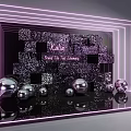 Stylish Photo Check In Spot With Purple Neon Frames Glitter Wall And Silver Metallic Balls