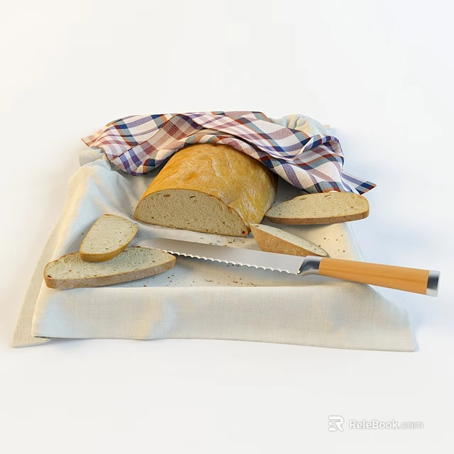 Fresh Loaf of Bread with Sliced Pieces Checkered Cloth and Wooden Handle Knife on Linen 3d model 