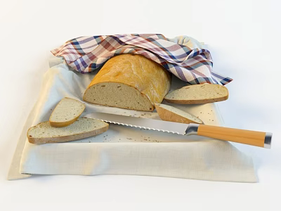Fresh Loaf of Bread with Sliced Pieces Checkered Cloth and Wooden Handle Knife on Linen 3d model