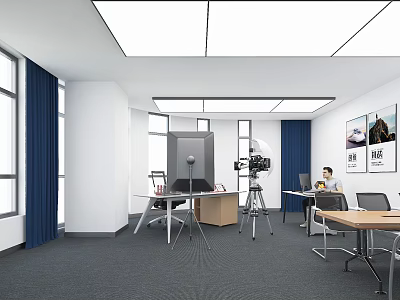 Modern Public Office Space with Windows Blue Curtains Desks Office Chairs Tripod Equipment and Posters 3d model