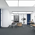 Modern Public Office Space with Windows Blue Curtains Desks Office Chairs Tripod Equipment and Posters