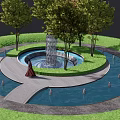 Decorative Garden Ornament with Circular Fountain Pool Surrounding Green Trees and Stone Pathway