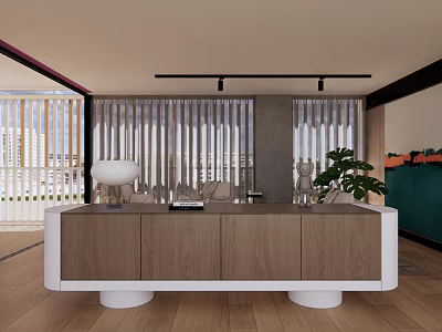 Modern Lounge Area Interior Design With Wooden Counter Green Plant And Pendant Lights 3d model