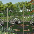 Lush Green Garden Landscape With Dome Structures Outdoor Seating Fire Pit And Lights