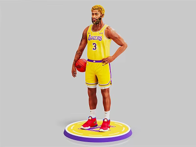 Man in Yellow Lakers Number 3 Jersey Holding Basketball Standing on Base 3d model