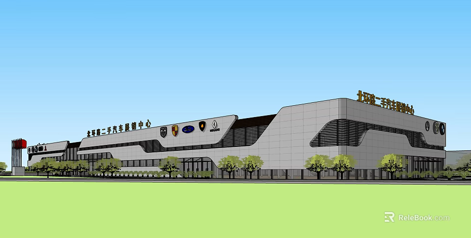 Modern Car Trading Service Center Exterior With Brand Logos And Green Trees 3d model 