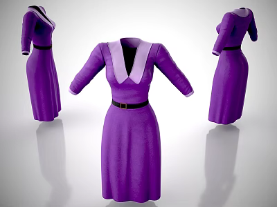 Purple Belted Dress With V Neck Long Sleeves And Three Angles View Design 3d model