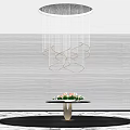 Modern Spiral Chandelier Hanging In Gray Textured Wall Interior With Flower Decorated Table