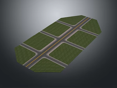Traffic Island Layout With Intersecting Roads Yellow Divider Lines And Grass Areas 3d model