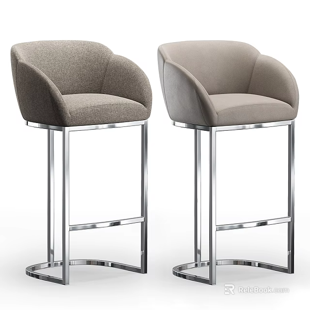 Modern Upholstered Bar Stools With Chrome Metal Frame And Round Base Design 3d model 